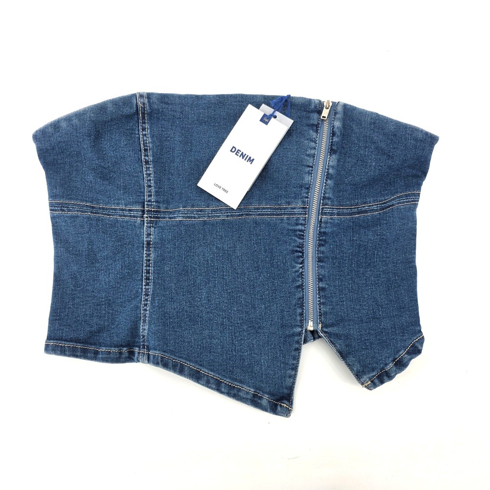 Love Tree Denim Corset Tube Top Medium Wash Asymmetrical Zip Front Smocked Back